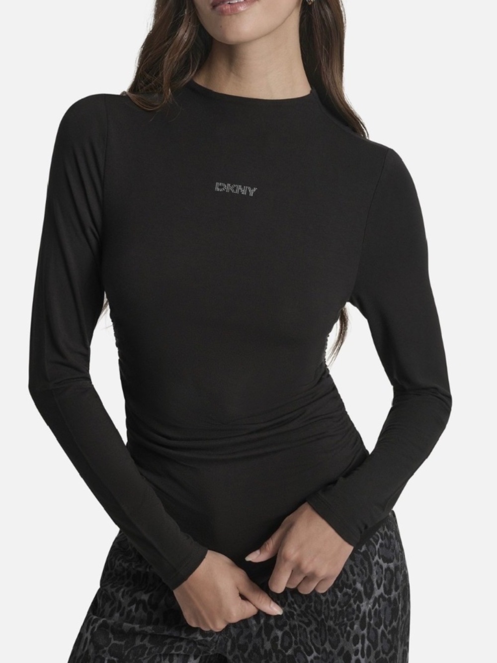 DKNY Jeans Long Sleeve Black Ruched Slim-fit Top w/ Bling